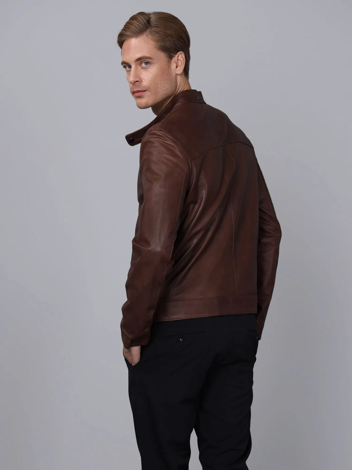 Erkek Düğme Cepli Deri Ceket Kestane
