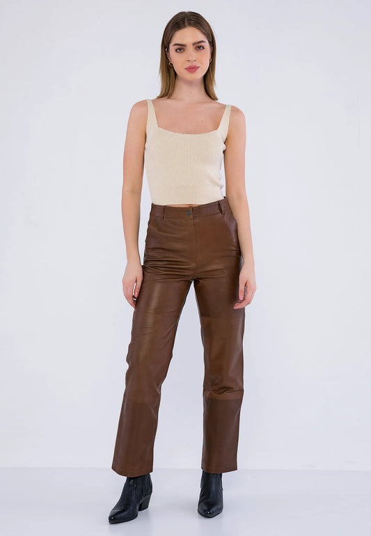 Kadın Yandan Cepli Deri Pantolon Kestane