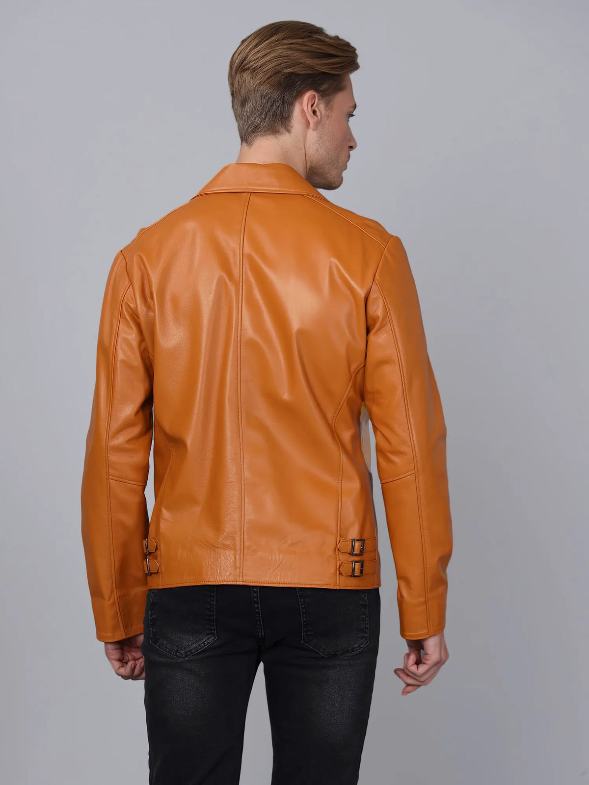 Erkek Biker Deri Ceket Açık Kahverengi