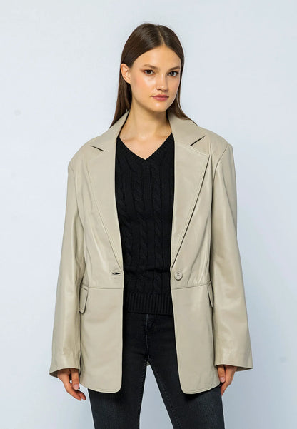 Kadın Oversize Blazer Deri Ceket Bej