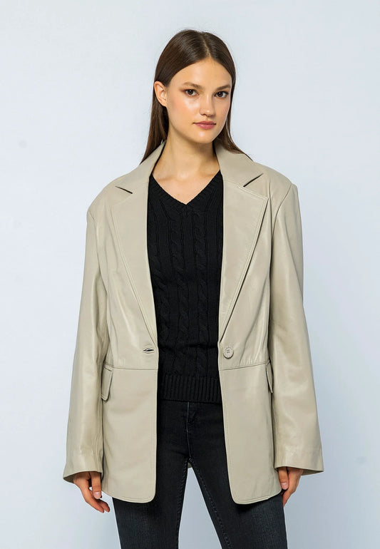 Kadın Oversize Blazer Deri Ceket Bej