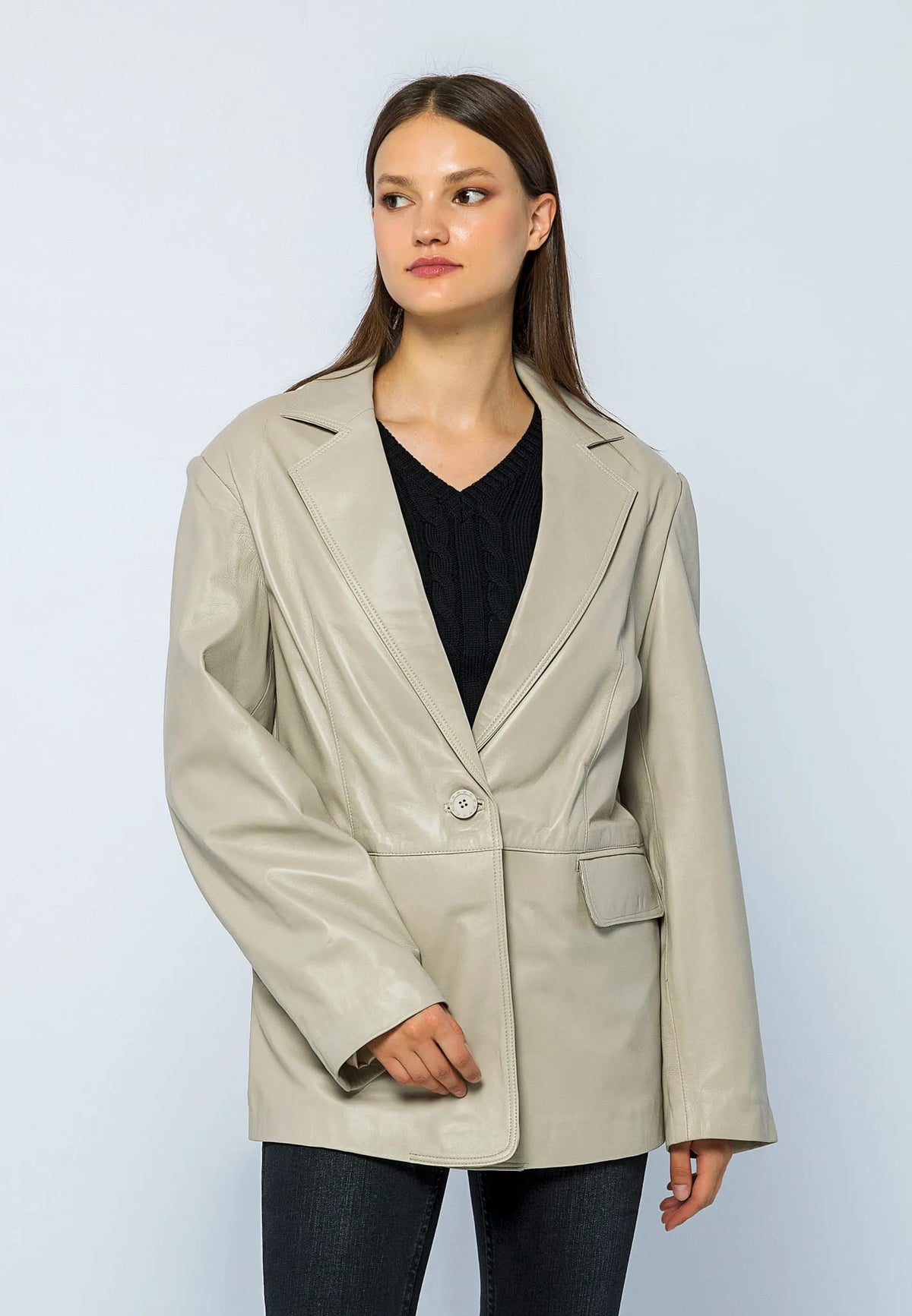 Kadın Oversize Blazer Deri Ceket Bej
