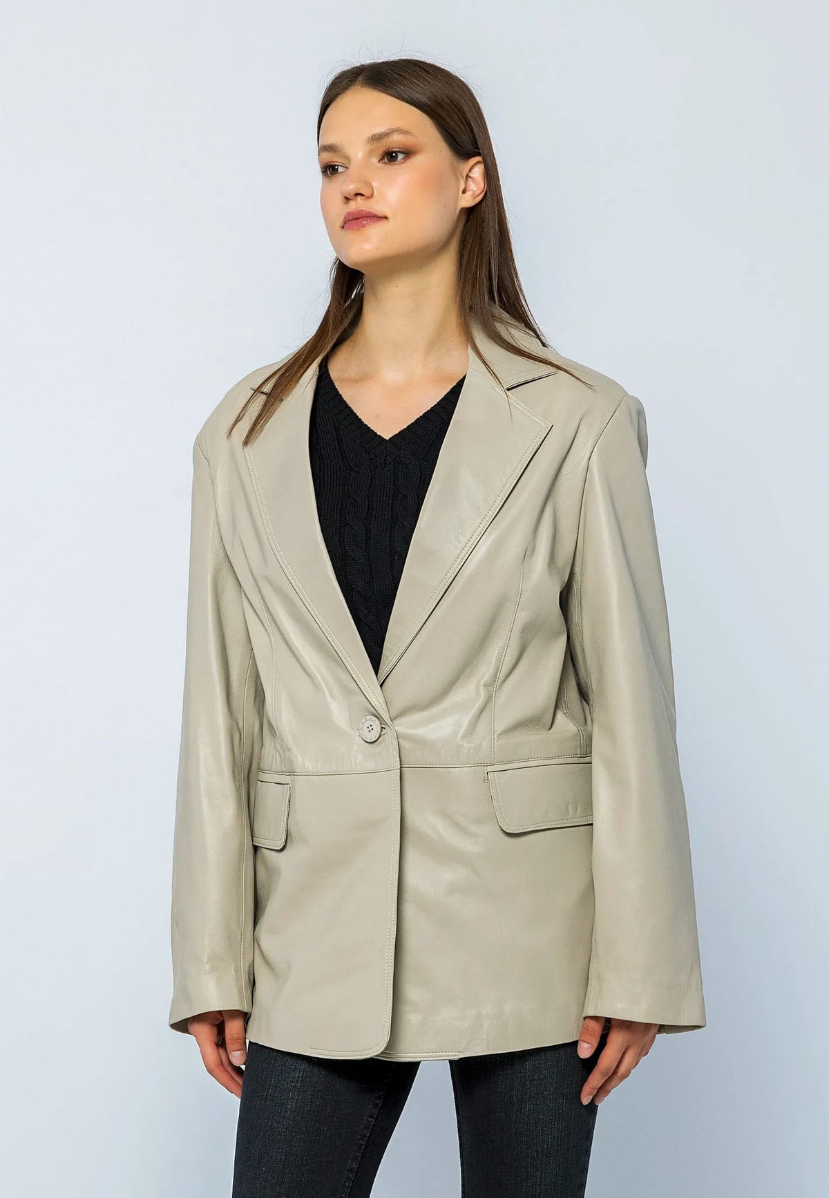Kadın Oversize Blazer Deri Ceket Bej