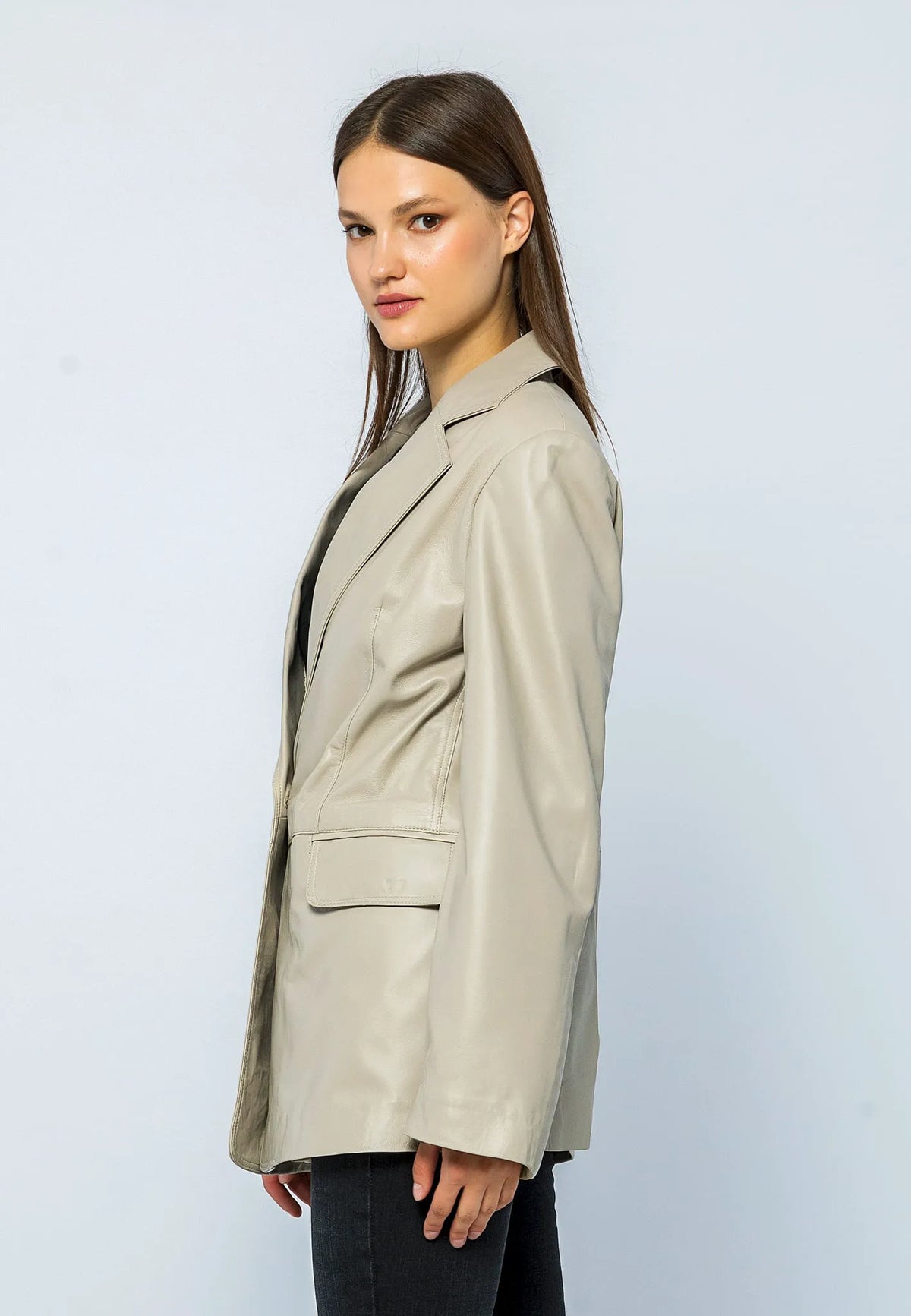 Kadın Oversize Blazer Deri Ceket Bej