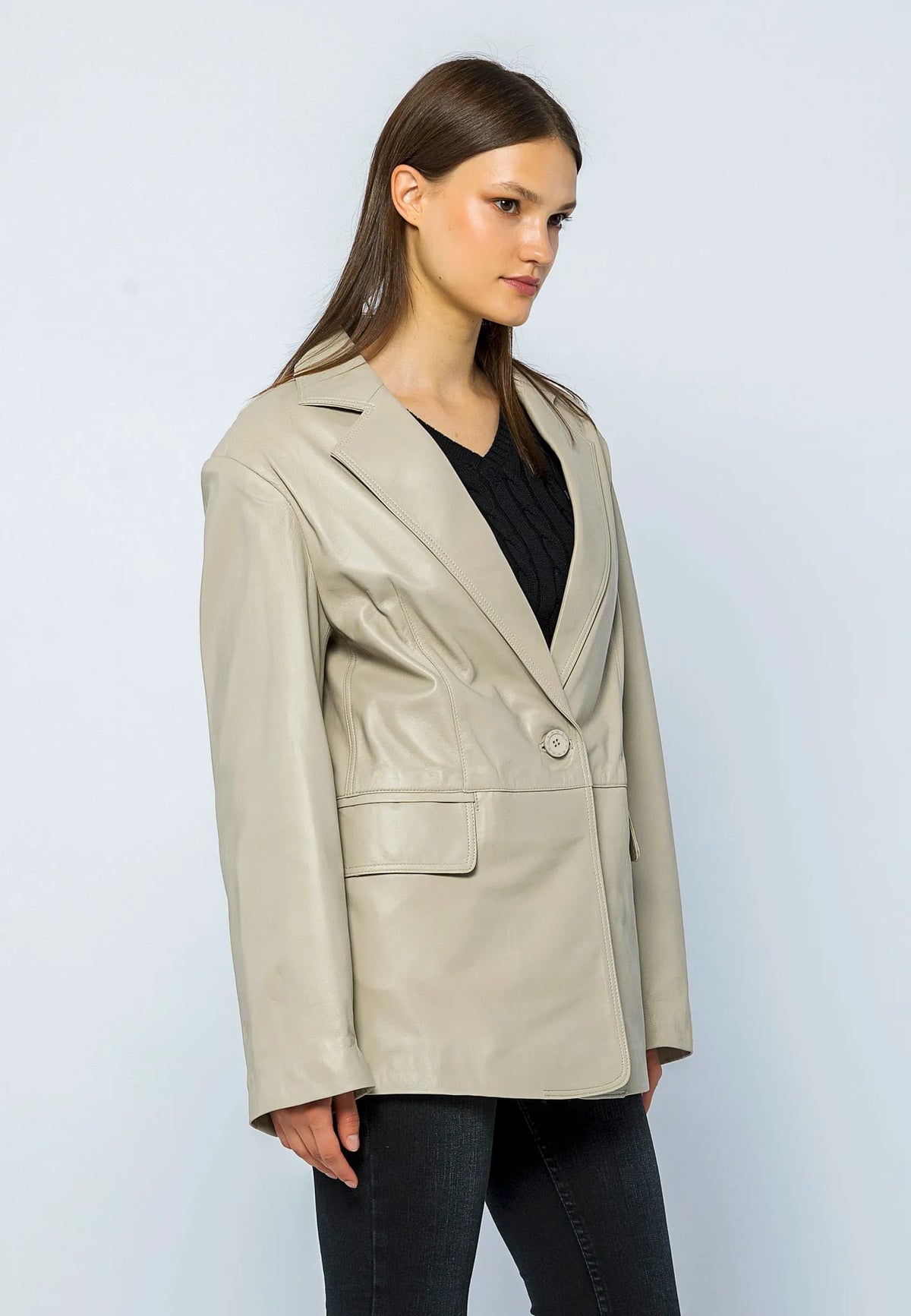Kadın Oversize Blazer Deri Ceket Bej