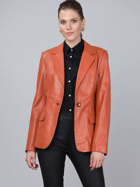 Kadın Tek Düğmeli Blazer Deri Ceket Turuncu