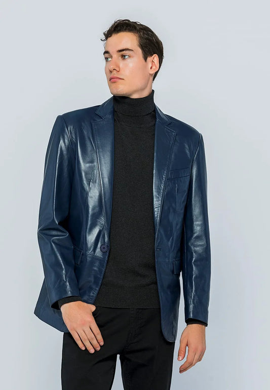 Erkek Blazer Deri Ceket Koyu Mavi
