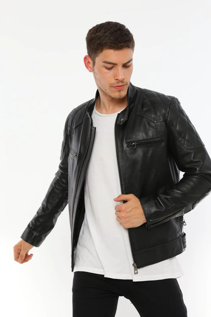 Erkek Biker Deri Ceket Siyah