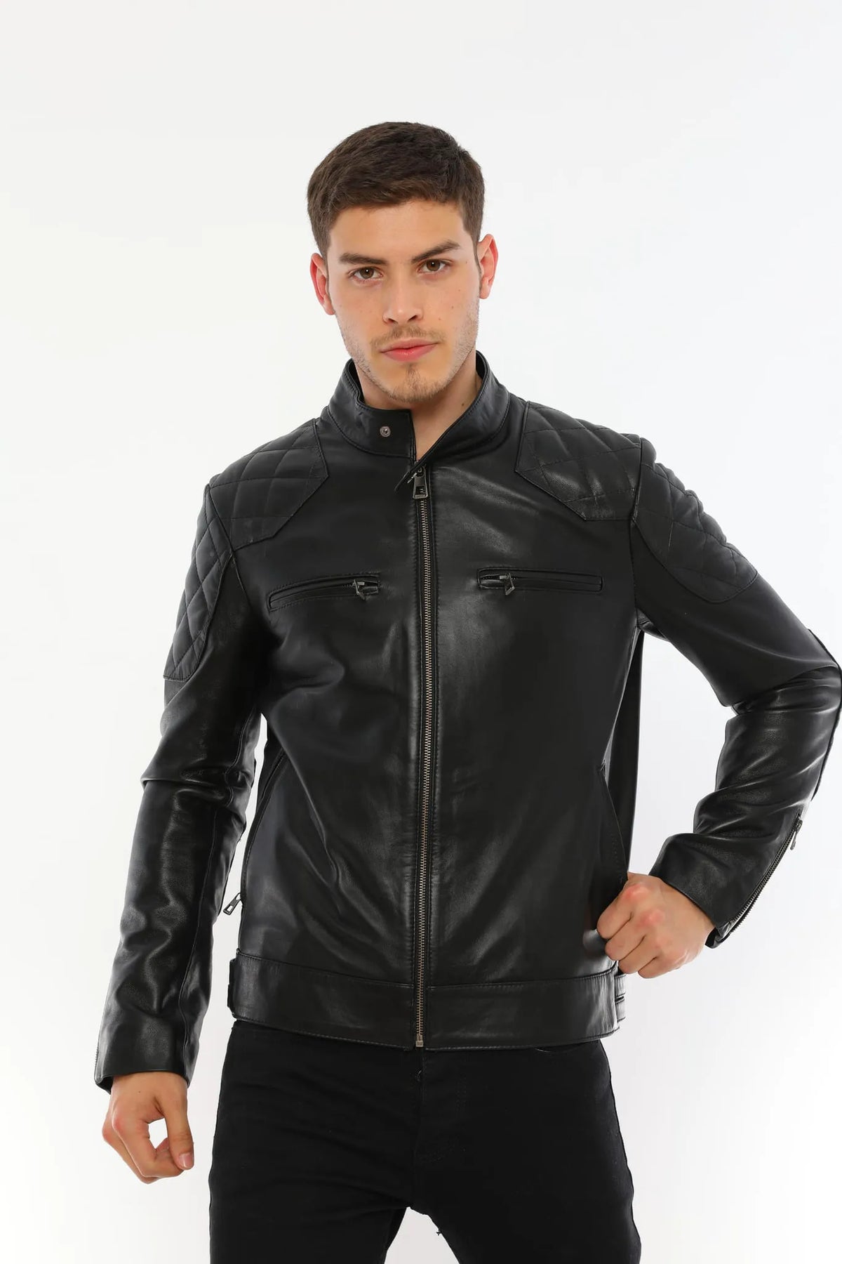 Erkek Biker Deri Ceket Siyah