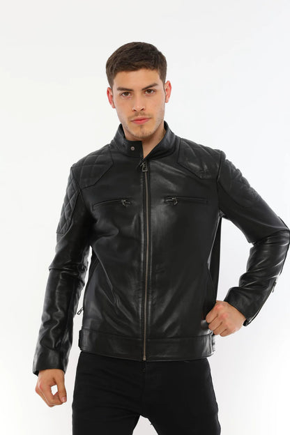 Erkek Biker Deri Ceket Siyah