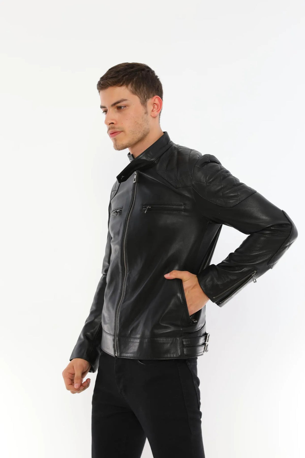 Erkek Biker Deri Ceket Siyah