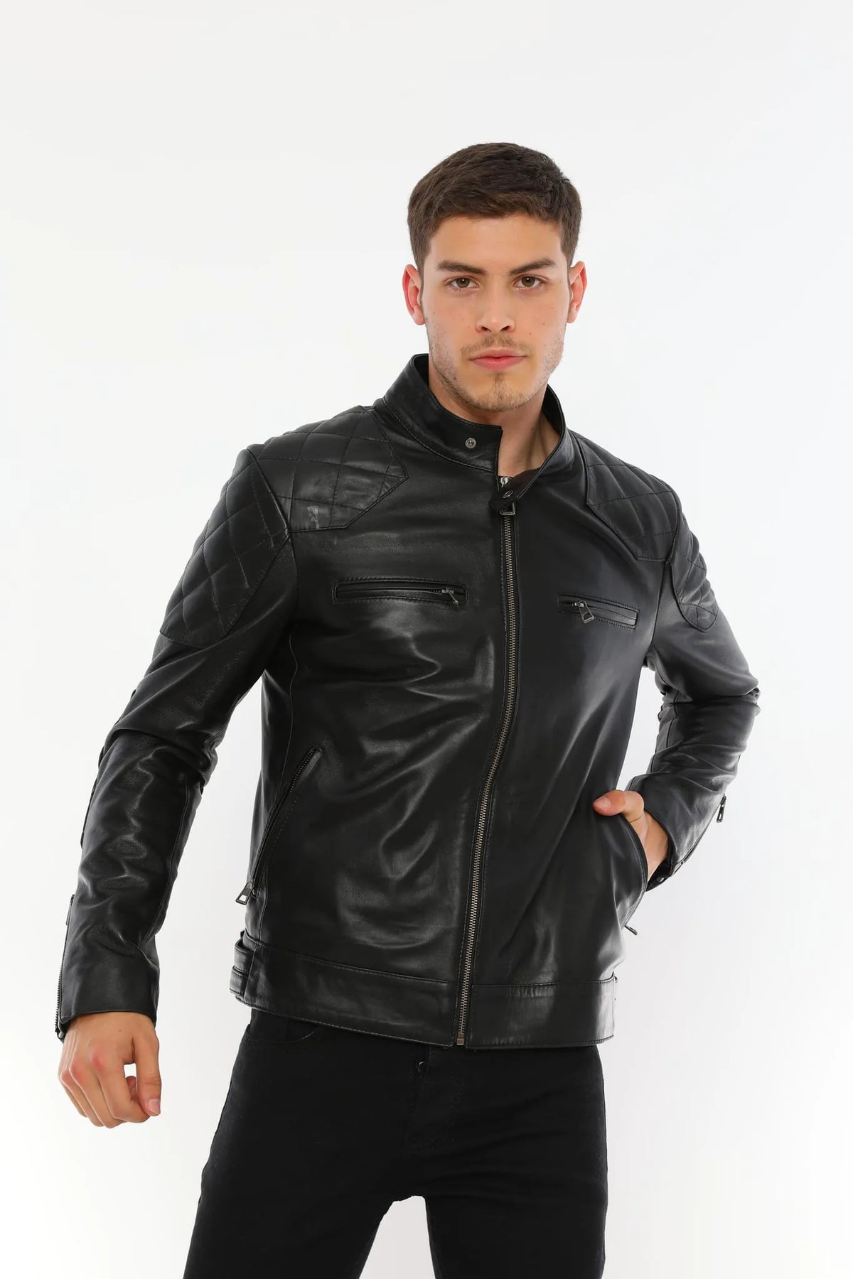 Erkek Biker Deri Ceket Siyah