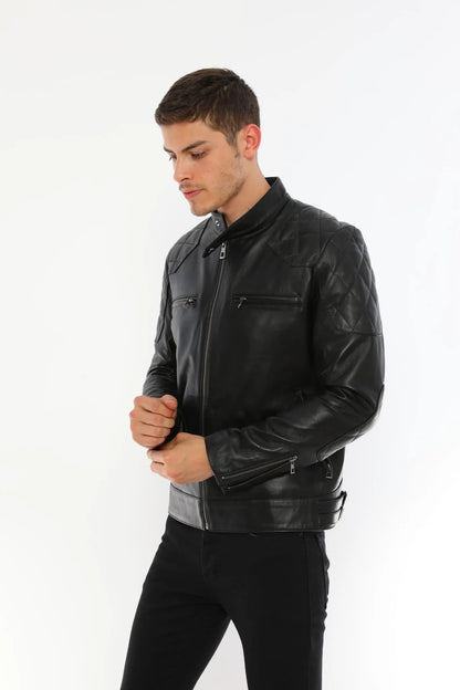 Erkek Biker Deri Ceket Siyah
