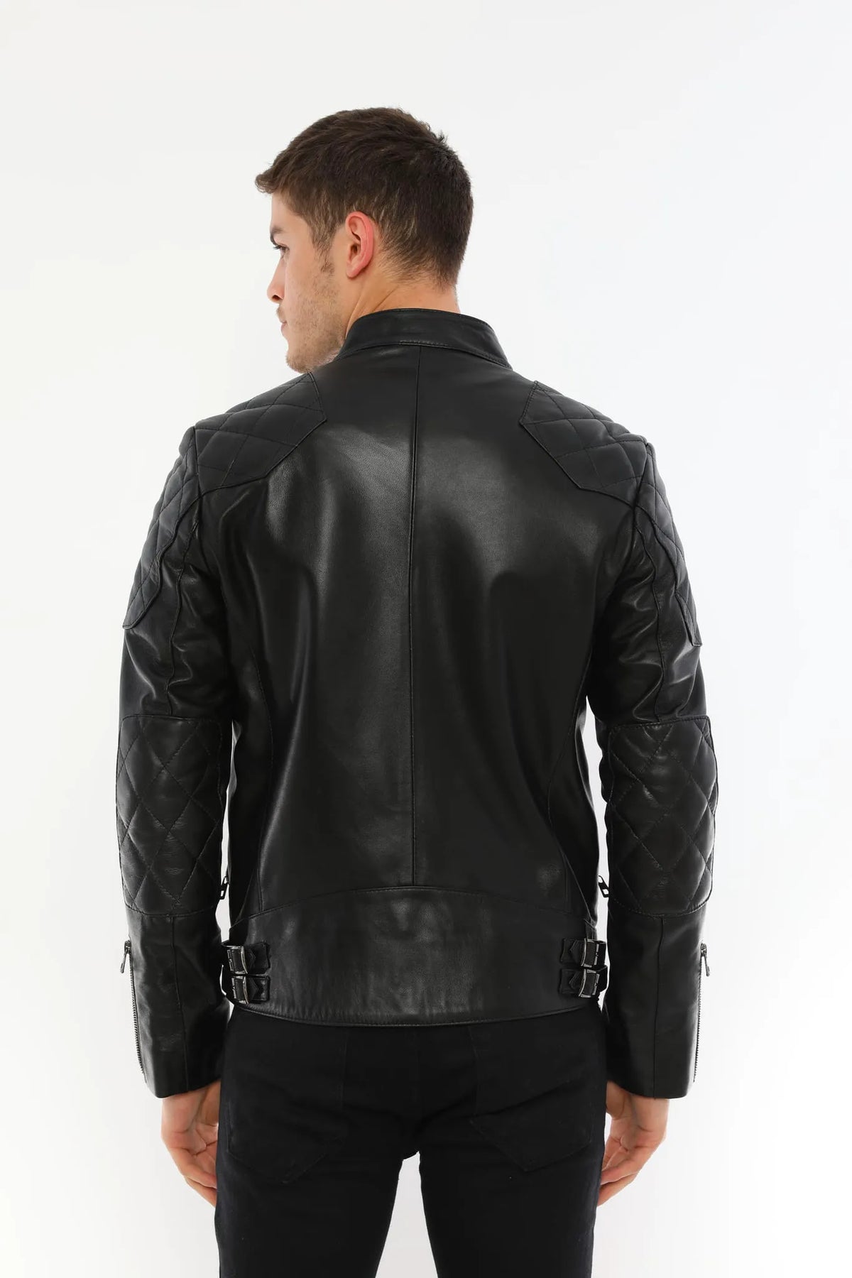 Erkek Biker Deri Ceket Siyah
