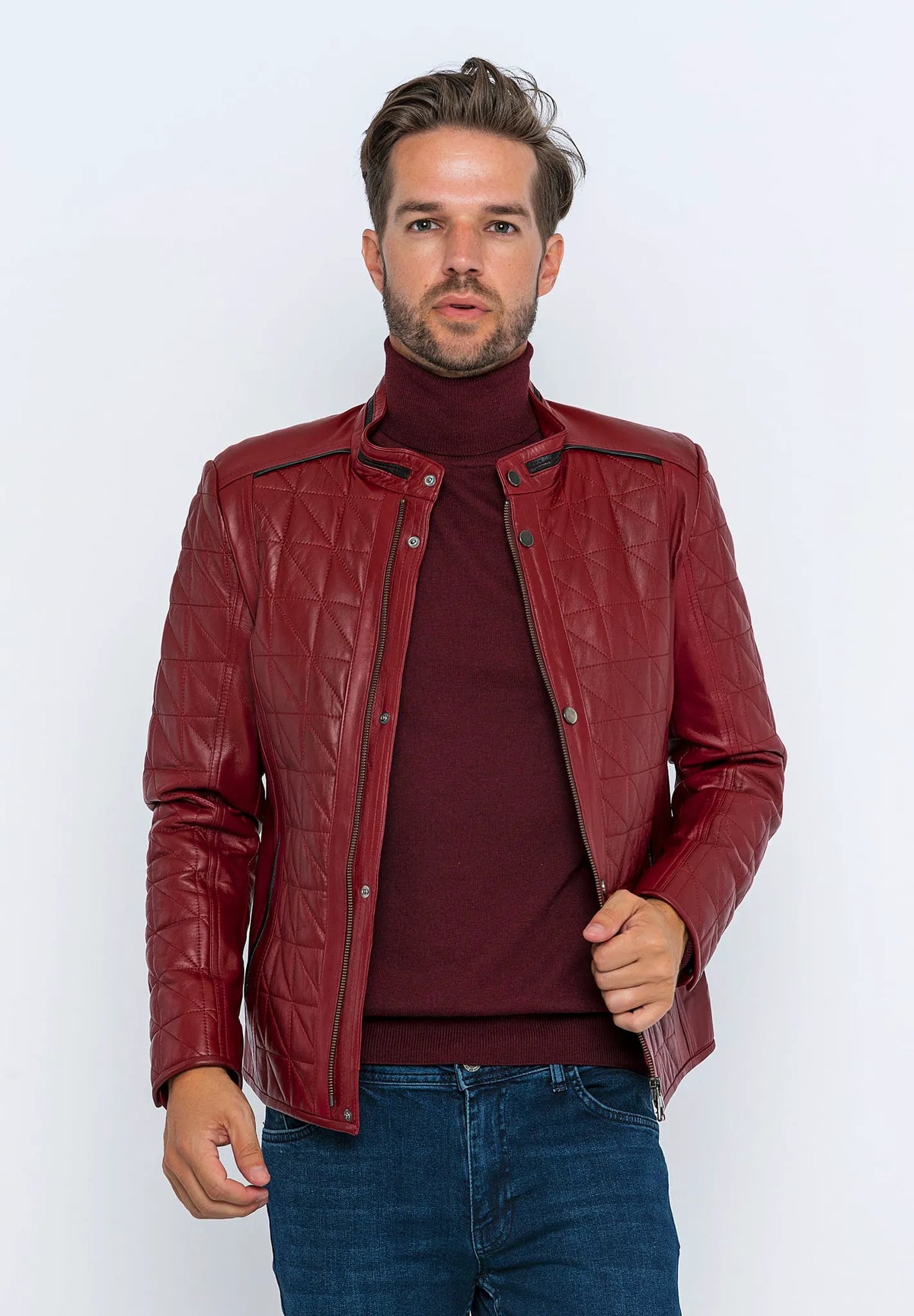 Erkek Kapitoneli Deri Ceket Bordo