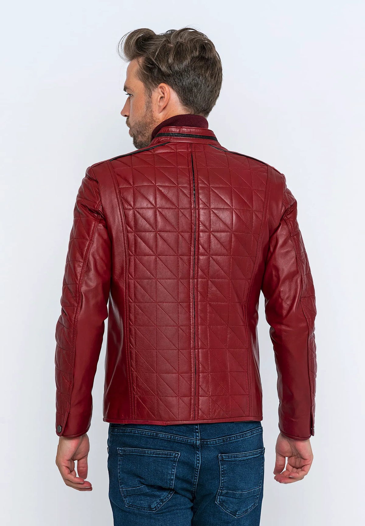 Erkek Kapitoneli Deri Ceket Bordo