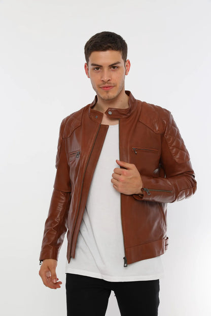 Erkek Biker Deri Ceket Kestane