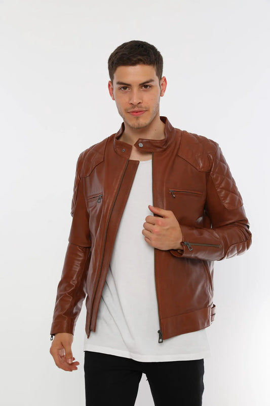 Erkek Biker Deri Ceket Kestane