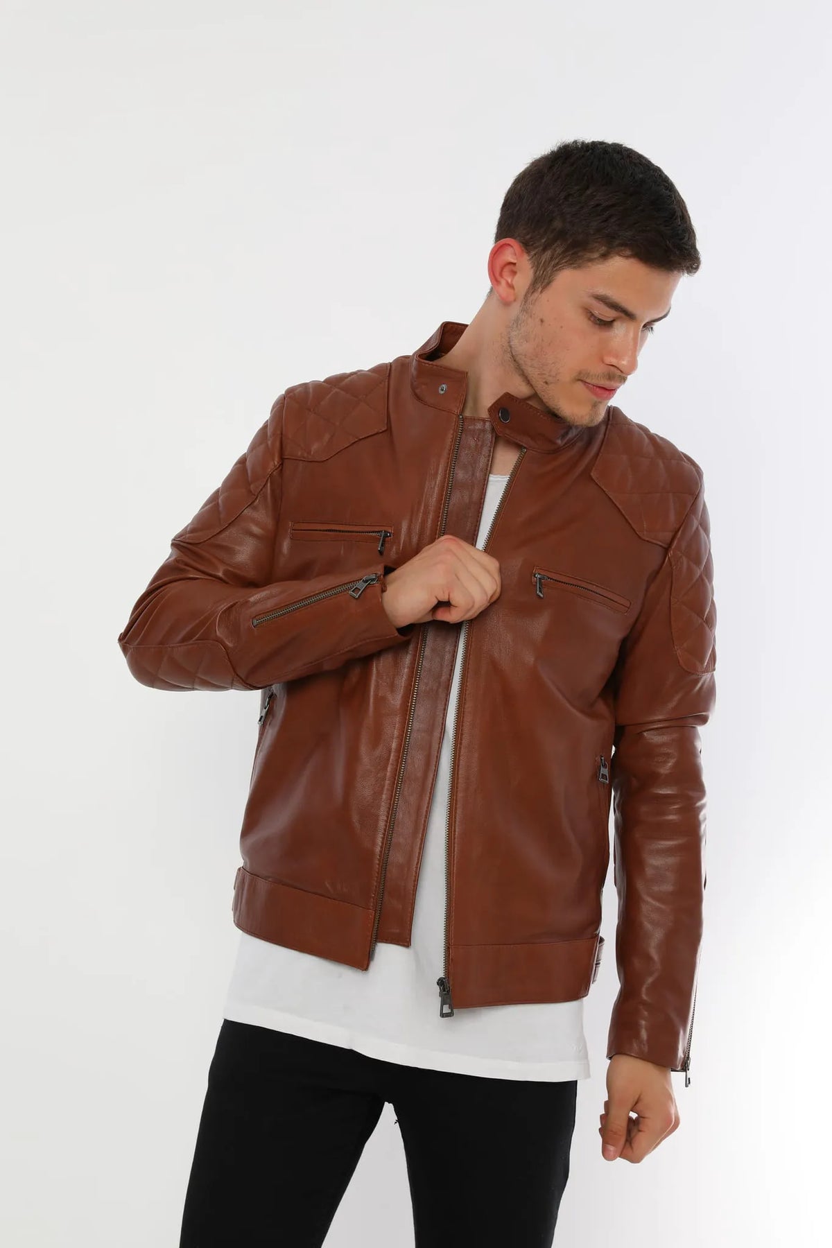 Erkek Biker Deri Ceket Kestane