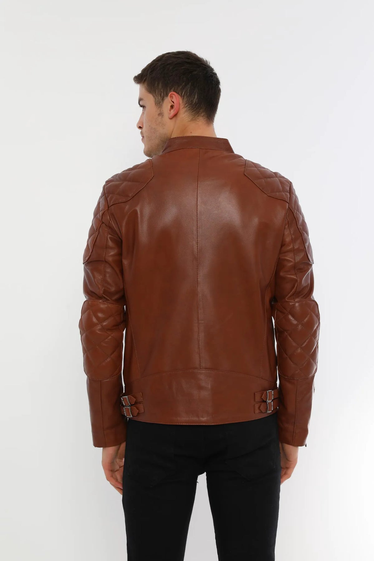 Erkek Biker Deri Ceket Kestane