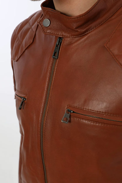 Erkek Biker Deri Ceket Kestane