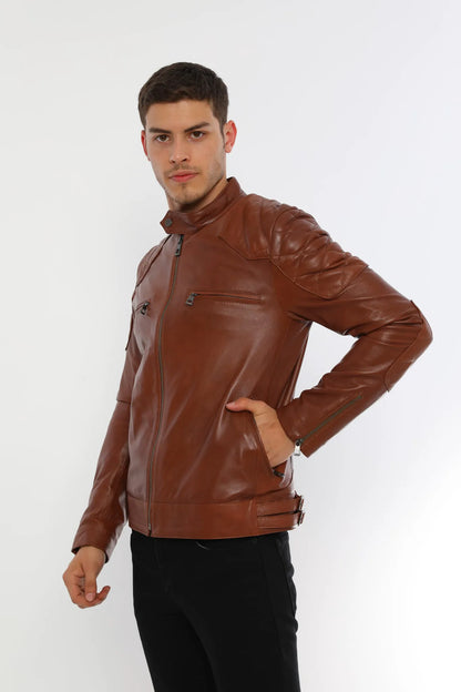 Erkek Biker Deri Ceket Kestane