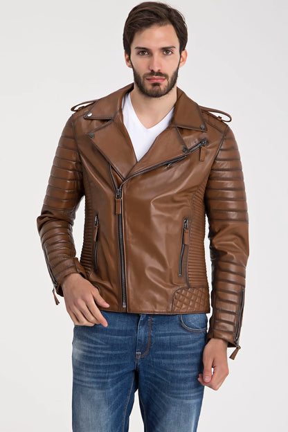 Erkek Biker Deri Ceket Kestane