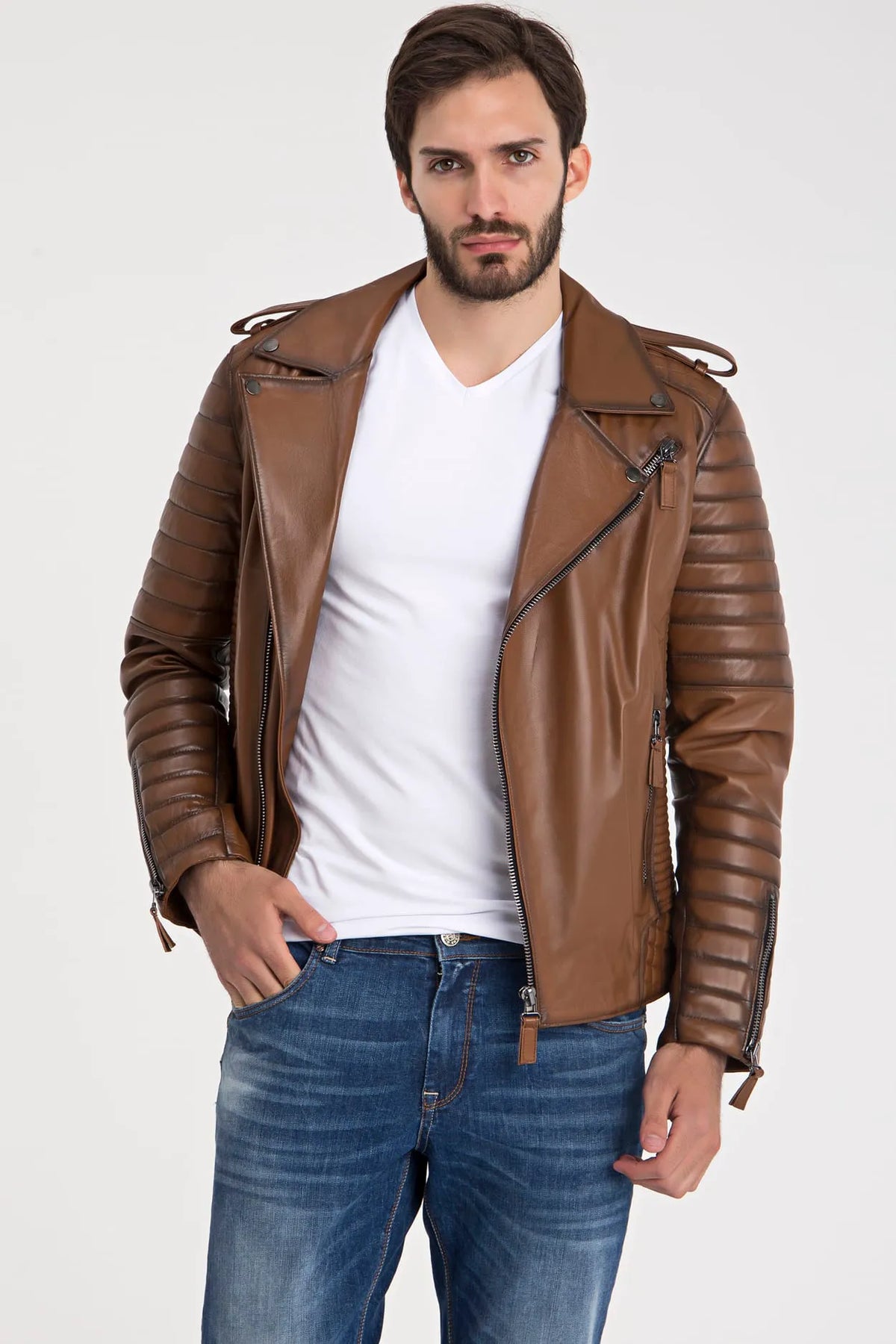 Erkek Biker Deri Ceket Kestane