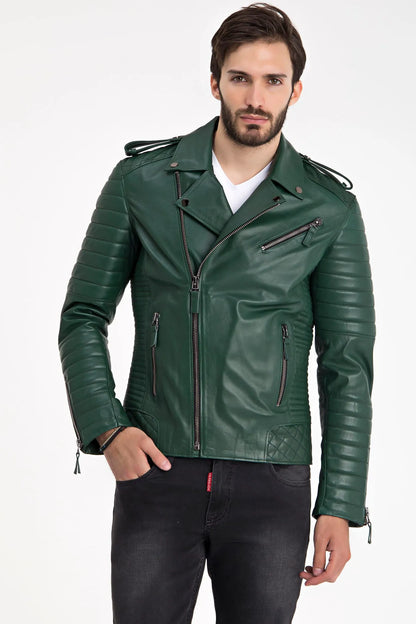 Erkek Biker Deri Ceket Yeşil