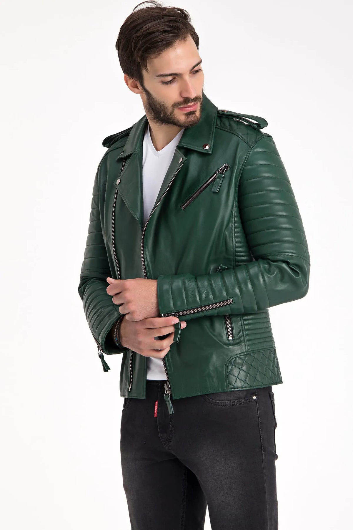 Erkek Biker Deri Ceket Yeşil