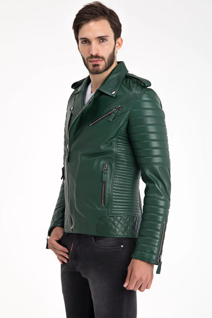 Erkek Biker Deri Ceket Yeşil