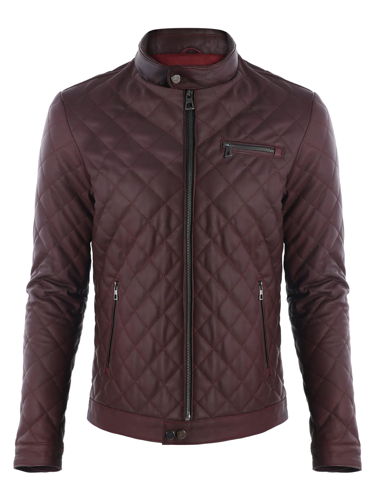Erkek Quilt Desenli Hakiki Deri Ceket Bordo