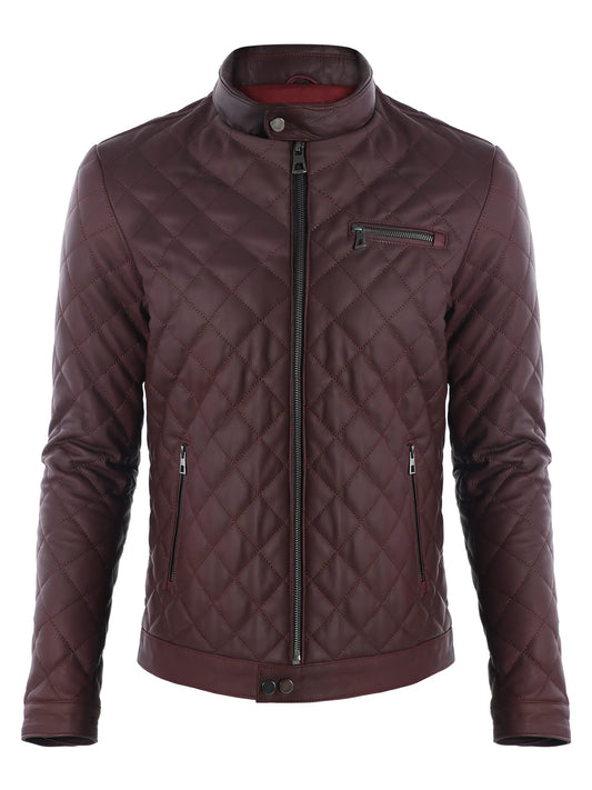 Erkek Quilt Desenli Hakiki Deri Ceket Bordo