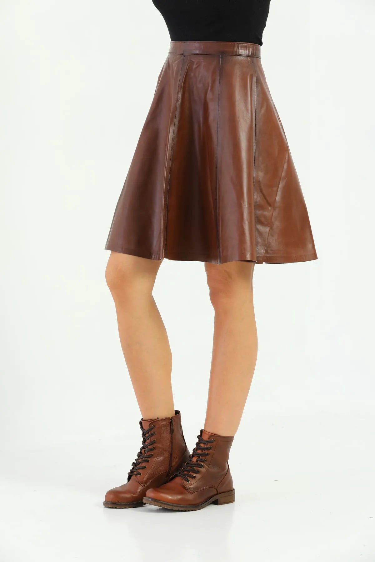 Kadın Kloş Kestane Deri Etek Kestane